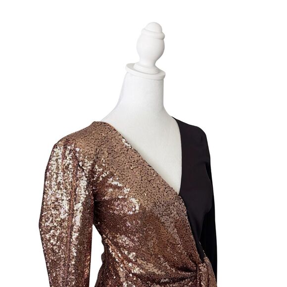 Prabal Gurung Sequin Wrap Midi Dress 4 Gold Black NWT - Picture 6 of 15